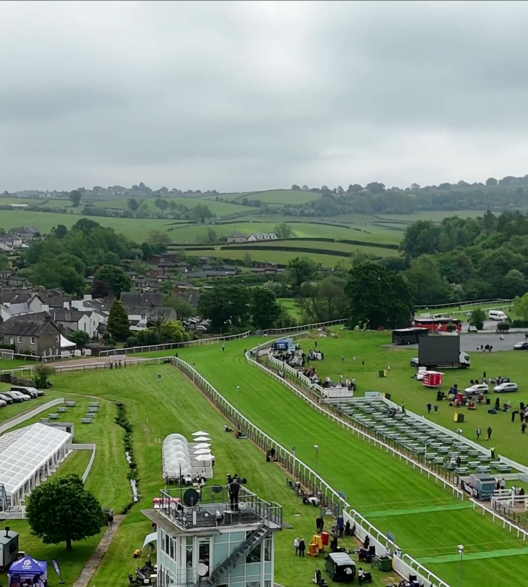 Aerial view of Cartmel Racecourse during a live race day