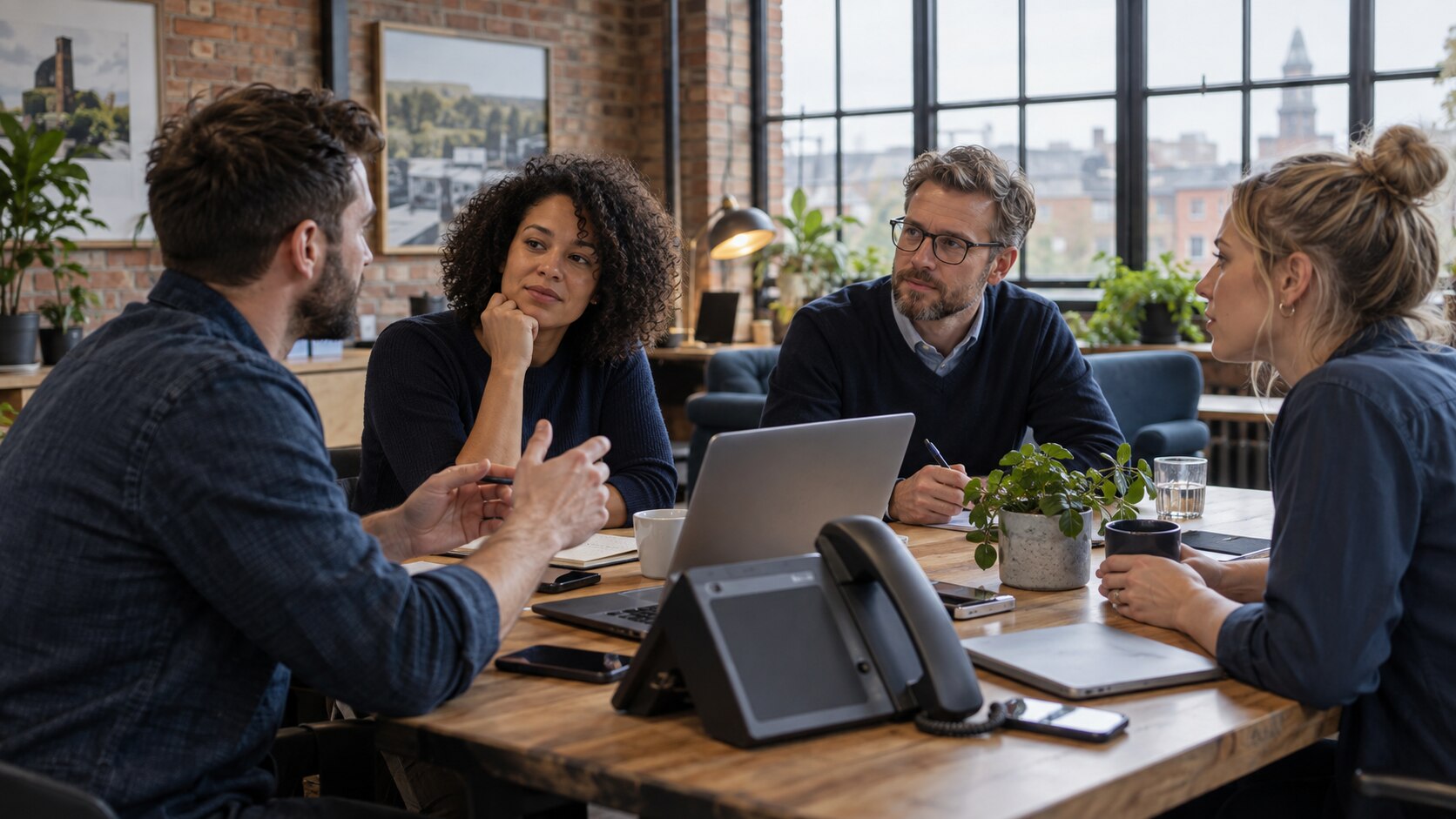 A business team using joined-up communications technology