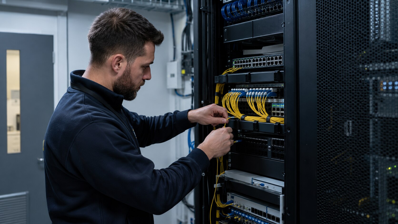 Network engineer working on business fibre infrastructure