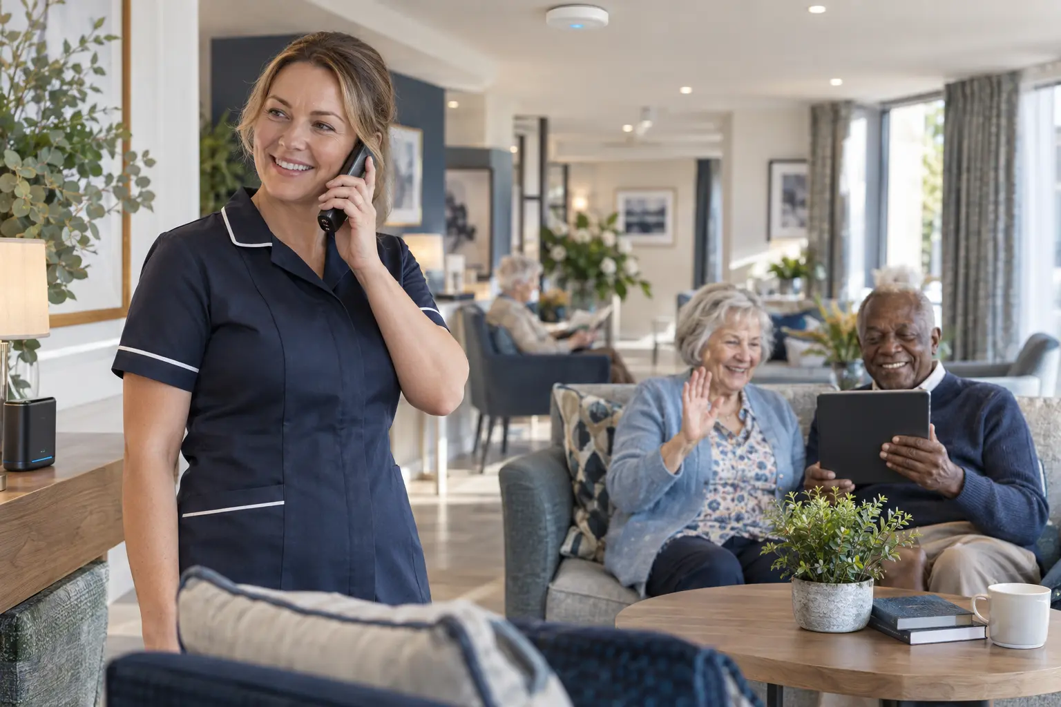 A care colleague on a cordless phone while residents make a video call
