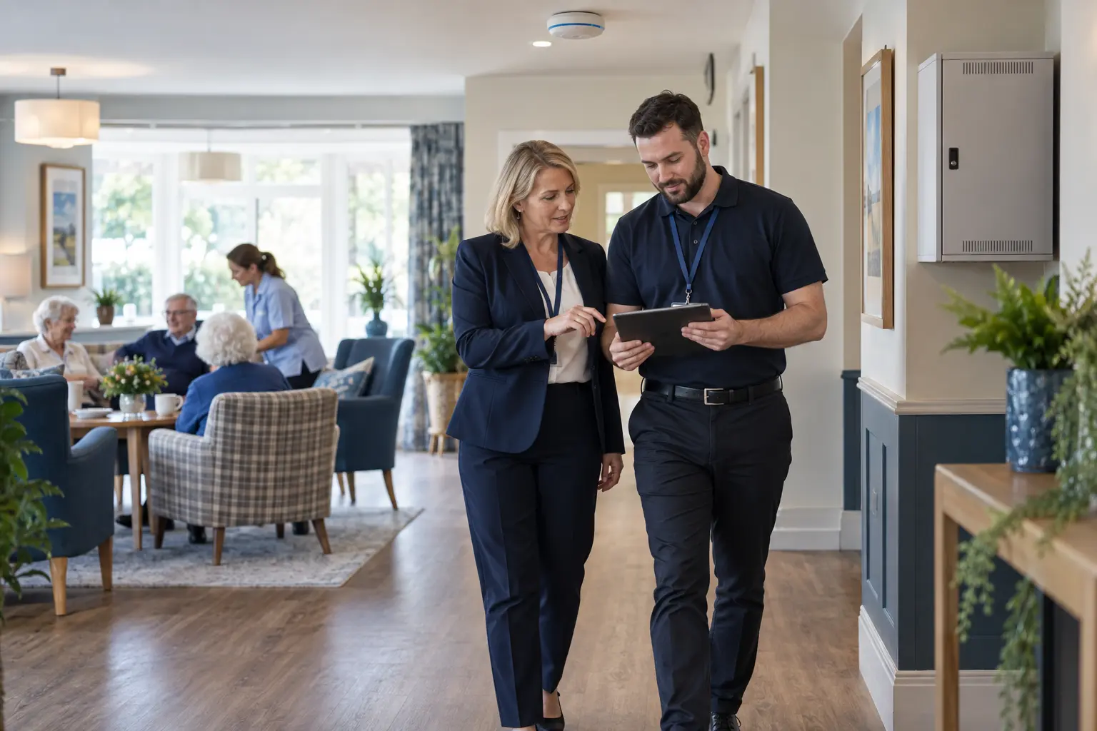 A care-home operations manager and network specialist reviewing the connected estate