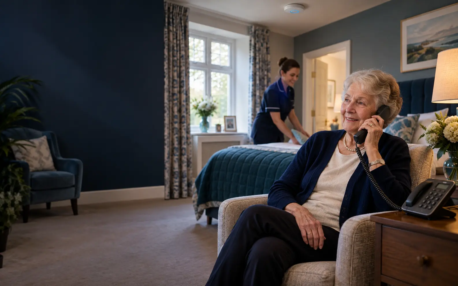 A resident using a bedside telephone in a comfortable care-home room