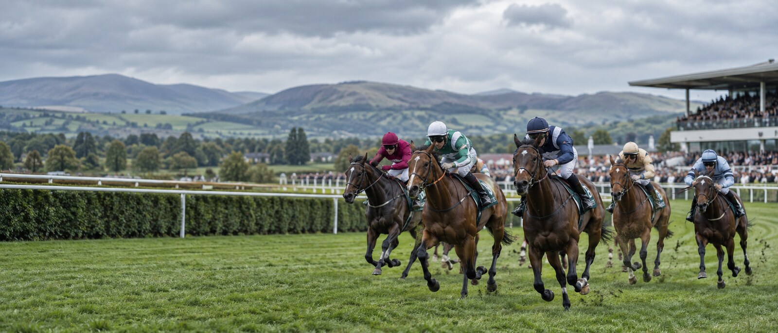 A busy race-day crowd using a public venue while horses race past the grandstand